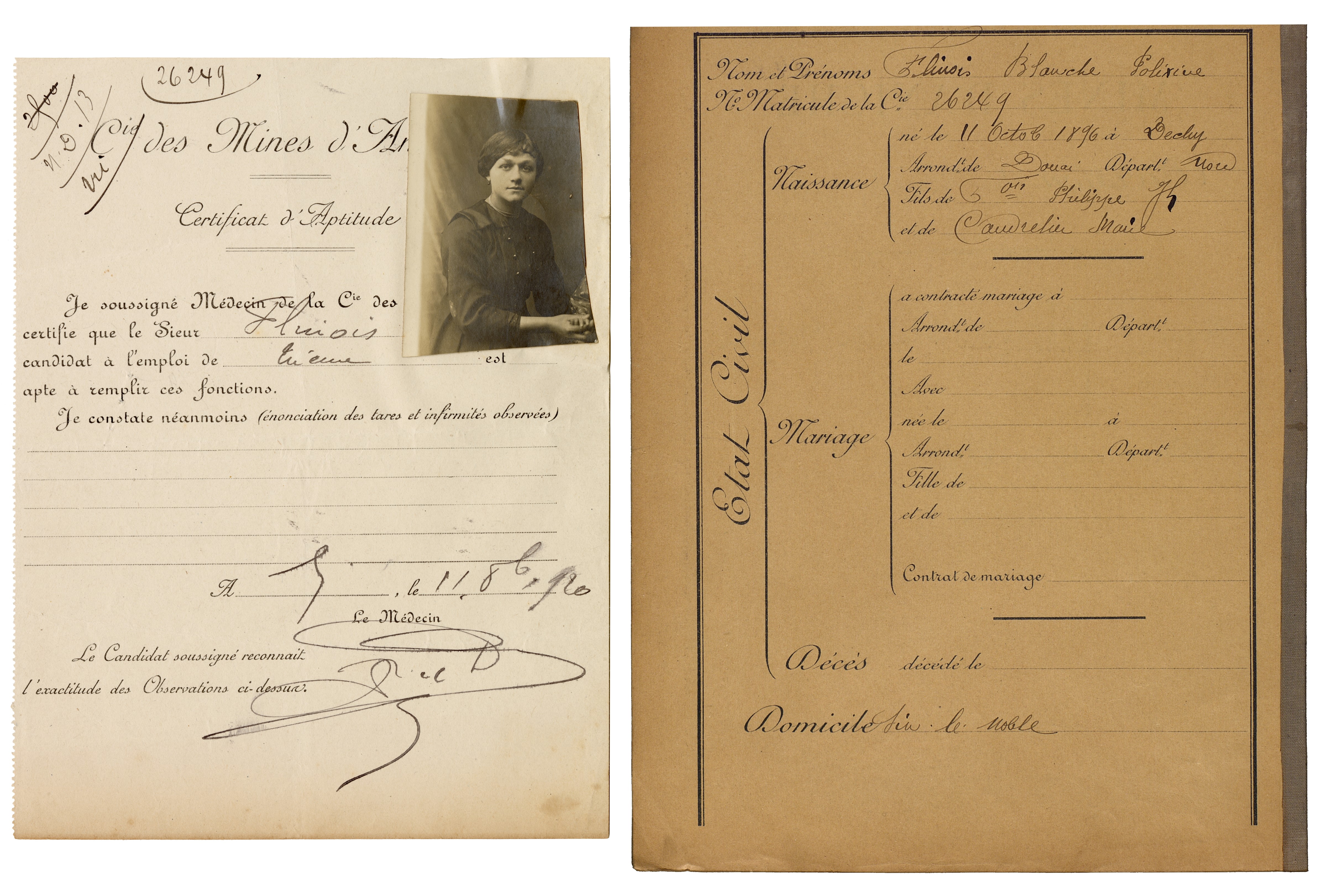Dossier et certificat médical de la trieuse Blanche Flinois (1920).
