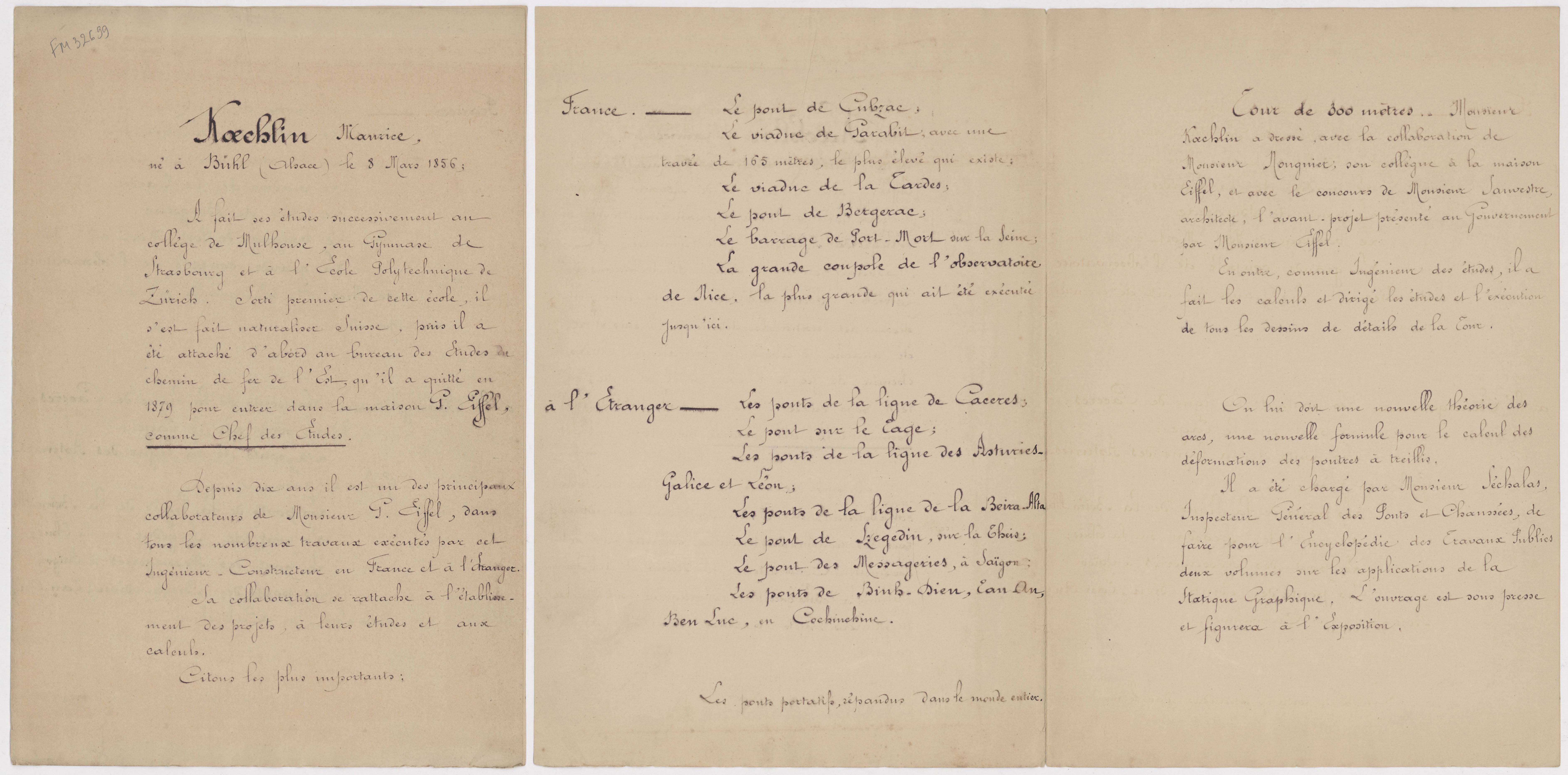 Curriculum vitae de Maurice Koechlin (1856-1946), collaborateur de Gustave Eiffel, et correspondance, 1879.