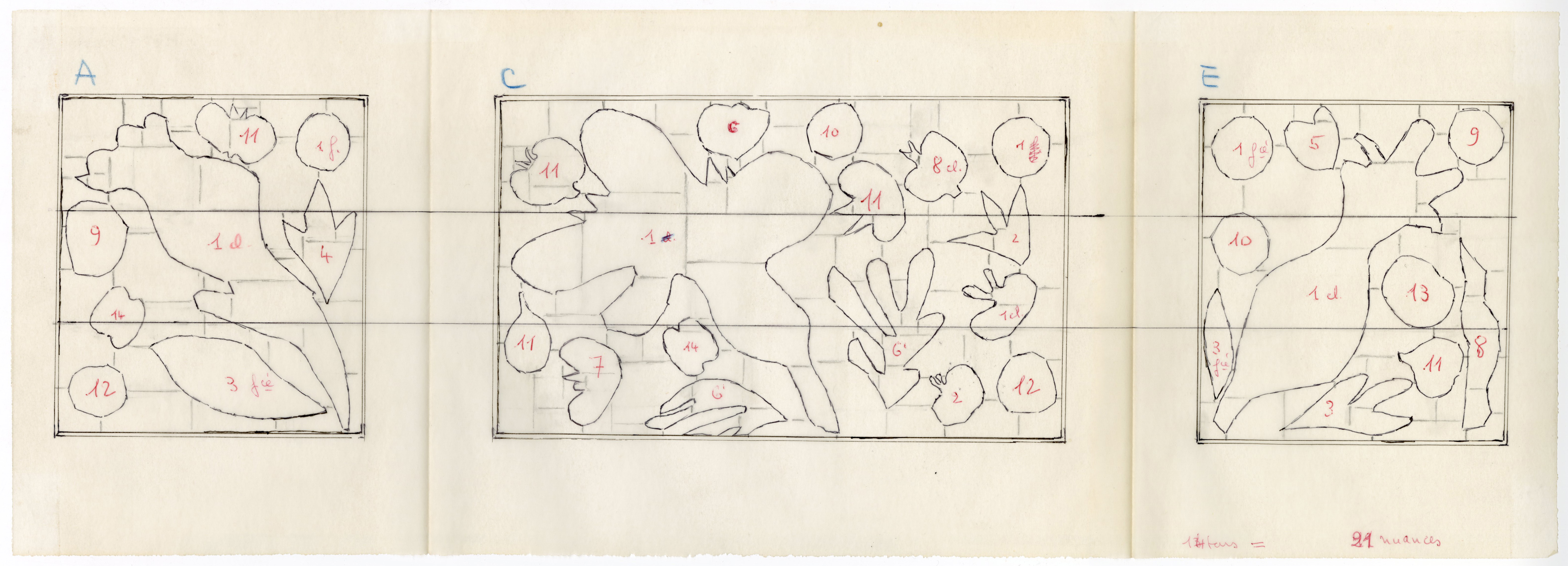 Croquis du vitrail (les numéros correspondent aux couleurs voulues par Matisse), sans date