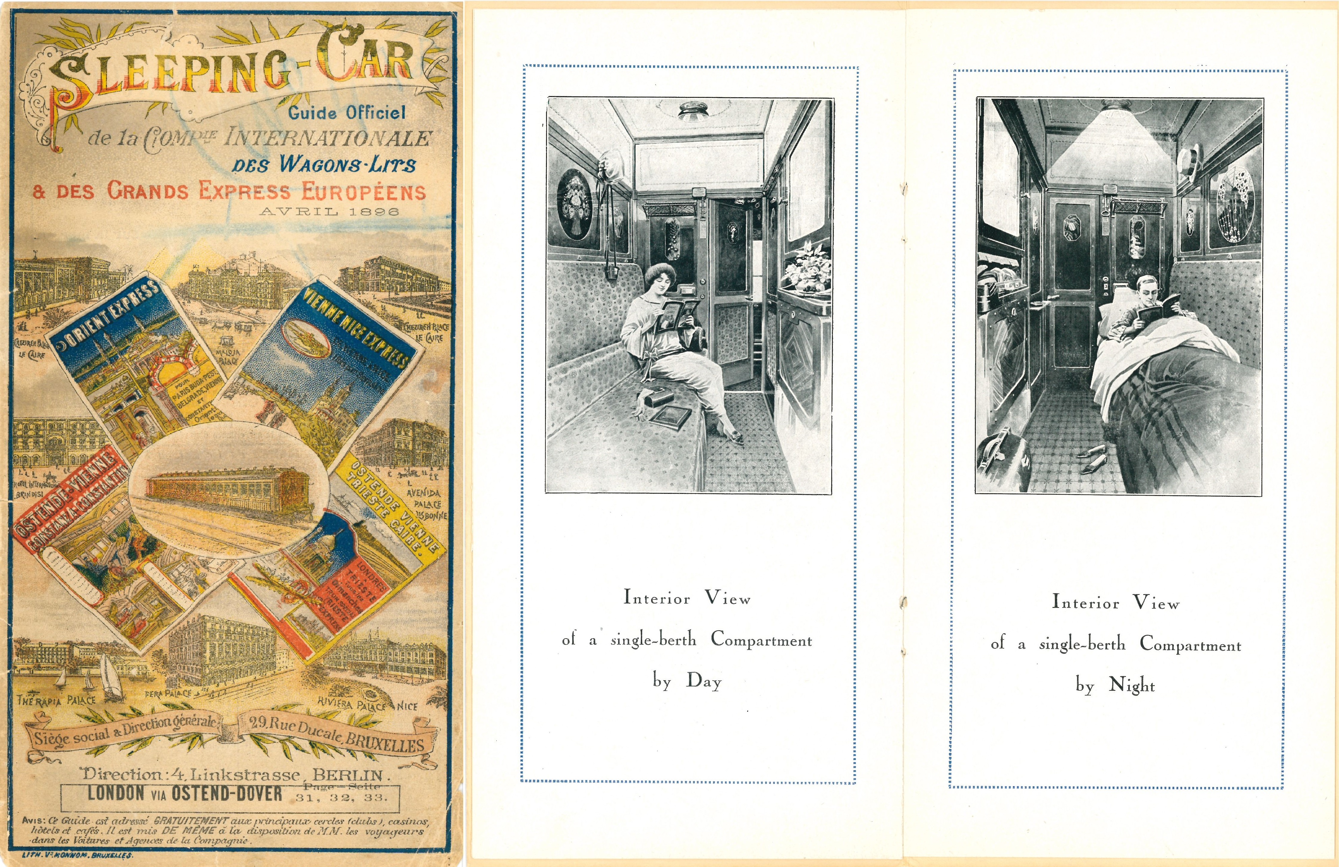 Couverture du Sleeping-Car, Guide officiel de la Compagnie internationale des wagons-lits, avril 1896.  ANMT, Compagnie internationale des wagons-lits et des grands express européens et du tourisme (CIWLT), 2022 9 673.
