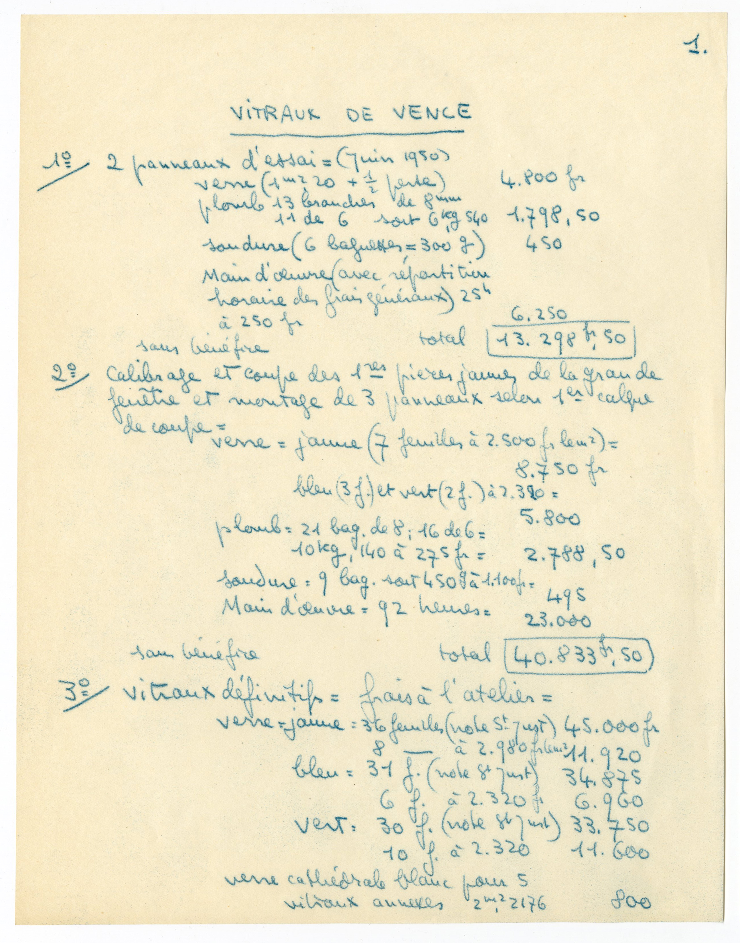 Dépenses engagées pour la réalisation du vitrail "l'arbre de vie" : note manuscrite de Bony, 1951.