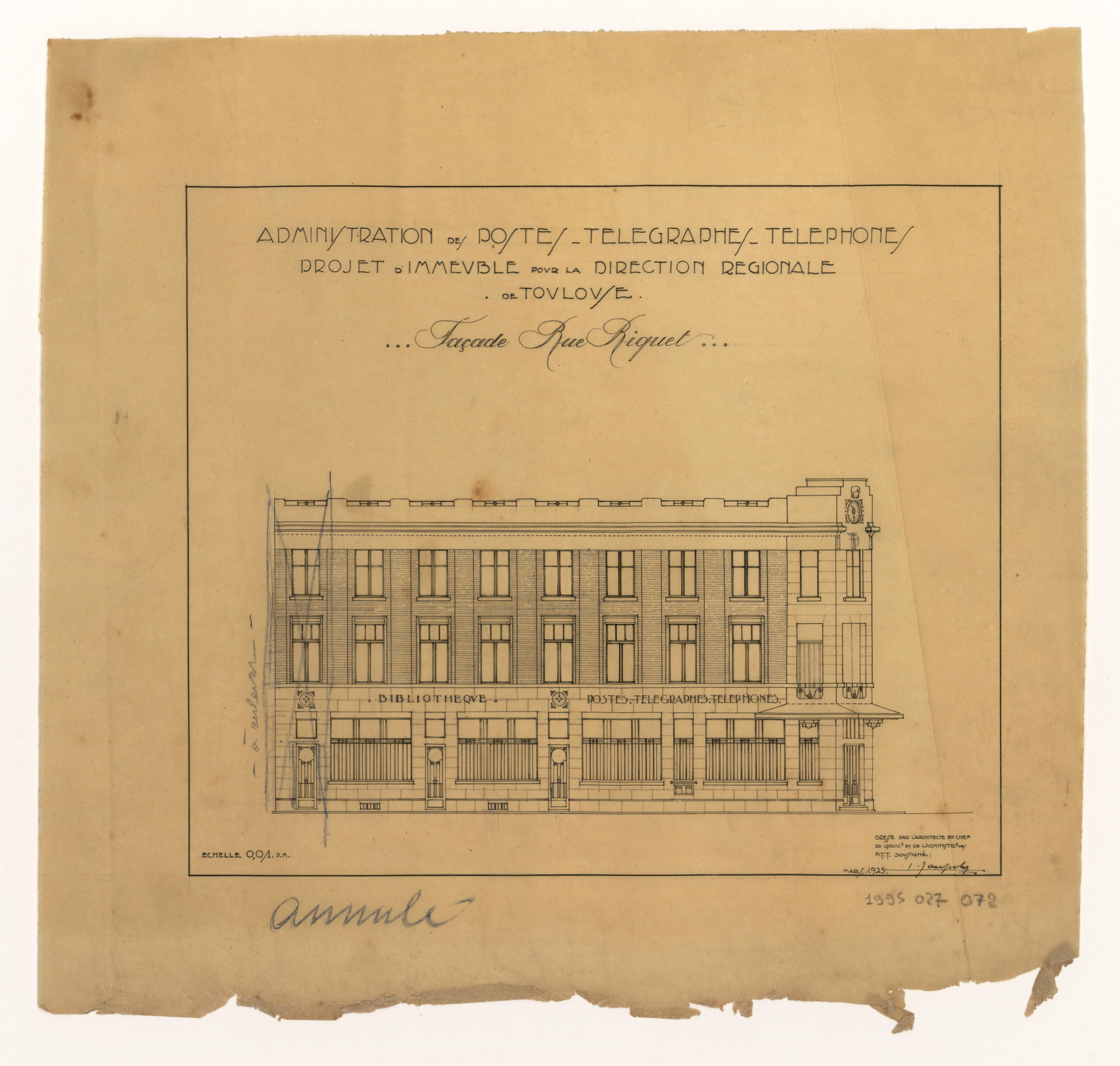 Projet de façade pour la direction régionale des PTT à Toulouse réalisé par Léon Jaussely. Dessin au crayon à papier et encre sur calque, mars 1925. ANMT 1997 25 72.