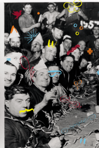 Visuel par Mario Cochat. Image d'archives : ANMT 2004 20 5, Noëlle Gérôme. Fête de la Saint-Éloi aux forges de l’usine Renault-Billancourt, années 1960. André Pelle/Musée national des arts et traditions populaires et auteur inconnu.