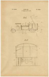 Croquis du brevet déposé par Ochsner pour un chariot pour ramasser les ordures ménagères avec des caisses sur châssis disposant de clapets de fond pour l’évacuation, 1931