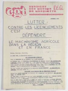 Tract « Lutter contre les licenciements c’est défendre le machinisme agricole dans la région et en France », 1984.