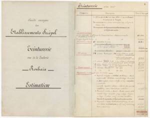 Premières pages du registre d’estimation du patrimoine mobilier de la teinturerie, 1936. ANMT 1991 10 39, Scrépel.