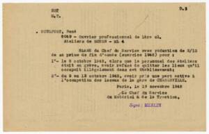 Blâme à l'attention d'employé ayant participé à la grève insurrectionnelle:  Blâme, 1948.