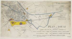 Plan de la ville de Douai faisant apparaître les forges Arbel (en jaune), [début du XXe siècle].
