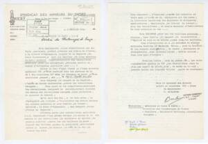 Courrier adressé par la CGT syndicat des mineurs du Nord au consul du Maroc de Lille et à la direction des Charbonnages de France. Texte dactylographié, 1984. ANMT 2002 56 1123. Fonds des Charbonnages de France, société minière.