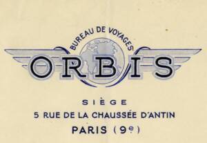 Logo de la société de transport Orbis (concessionnaire des chemins de fer polonais). En-tête de courrier, 1935. ANMT 1994 51 1848. Fonds de la compagnie des mines de Vicoigne, Nœux et Drocourt.