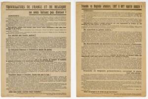 Tract syndical franco-belge (en langues française et néerlandaise), sur le non-renouvellement des cartes de frontaliers, années 1930.