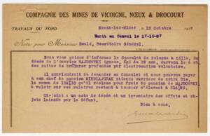 Note interne concernant le suicide d’un mineur d’origine polonaise. Document dactylographié, 1927. ANMT 1994 51 1848. Fonds de la compagnie des mines de Vicoigne, Nœux et Drocourt.