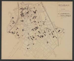 Carte des logements insalubres à Roubaix en 1954. On note que le sud de la ville est peu concerné, et qu’une part conséquente de ces logements se situent à l’est des usines.