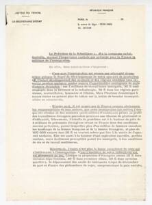 Extrait de la communication sur la condition des travailleurs immigrés et la politique de l’immigration faite au conseil des ministres du 9 octobre 1974 par Paul Dijoud, secrétaire d’État auprès du ministre du Travail (travailleurs immigrés). Texte dactylographié, 1974. ANMT 72 AS 1012. Fonds du conseil national du patronat français.