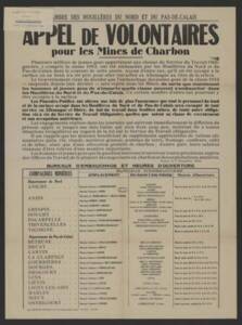 « Appel de volontaires pour les mines de charbon », affiche de la Chambre des houillères du Nord et du Pas-de-Calais mentionnant que l’emploi dans les houillères exempte du STO en Allemagne, 1943.
