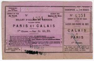 Billet de train aller retour entre Paris et Calais.