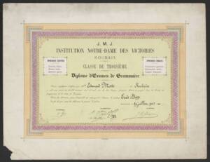 Diplôme d'examen de grammaire délivré à Édouard Motte, 1903.