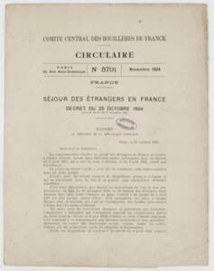 Circulaire du Comité central des houillères de France concernant le séjour des étrangers en France, 1924.