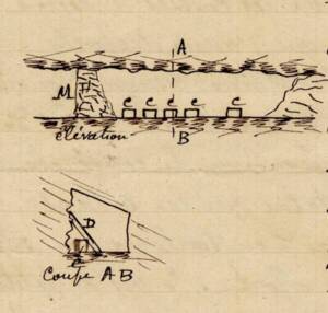 Détail d’un rapport sur le retrait d’un « dépôt fait au fond [de la mine] en septembre 1914 » : croquis de la veine et de l’emplacement de la cachette, 1915.