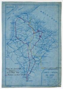 Carte du réseau ferré du Nord : itinéraire suivi par un groupe de journalistes américains, 1919.