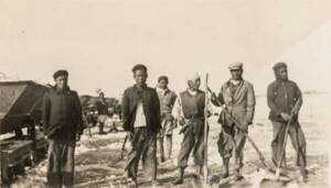 Travailleurs indochinois récoltant du sel pour la Compagnie des produits chimiques d'Alais, Froges et Camargues : photographie, 1941-1942.