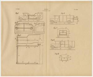 Croquis du brevet déposé par Ochsner pour un chariot pour ramasser les ordures ménagères avec remplissage par l’arrière, 1931