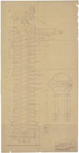Plan d’une tour de diffusion dessiné par l’Institut de génie mécanique de Brunswick (Basse-Saxe, Allemagne), 1955.