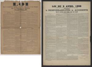 A gauche : Loi sur le travail des enfants des filles mineures et des femmes dans les établissements industriels (2 novembre 1892). Document imprimé, sans date.   ANMT 110 AQ 40. Fonds Commentry, Fourchambault et Decazeville, compagnie minière.  A droite: Loi du 9 avril 1898 concernant les responsabilités des accidents dont les ouvriers sont victimes dans leur travail. Document imprimé, sans date.  ANMT 1994 26 319. Fonds de la compagnie des mines de Béthune.
