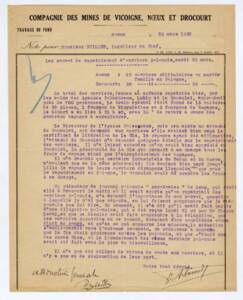 Note adressée à l’ingénieur en chef des mines de Nœux. Document dactylographié, 1932. ANMT 1994 51 907. Fonds de la compagnie des mines de Vicoigne, Nœux et Drocourt.