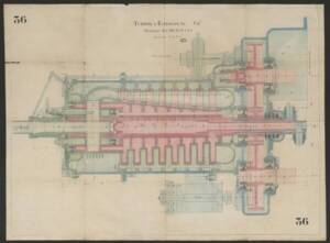 Plan de coupe en couleurs de la turbine à explosions et à action directe inventée par Jean-Jacques Heilmann, [1913]