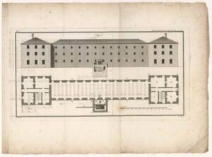Plan général de la fabrique avec la salle des moulins, coupe de la salle des moulins, 1776.