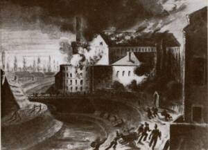 Gravure représentant un incendie de « l’usine-monstre » au XIXe siècle, 1944.
