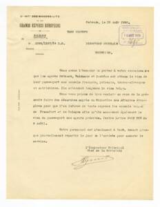 Lettre de l’inspecteur principal chef de la Division d’Ostende à la direction générale à Bruxelles, 15 août 1920.