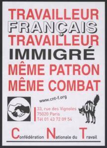 Affiche : « Travailleur français, travailleur immigré, même patron, même combat. » (en couleur, 29,5 X 42 cm), sans date.  ANMT 2013 58 311. Fonds Pierre Bance, enseignant, journaliste, éditeur, militant anarchiste et syndicaliste révolutionnaire.