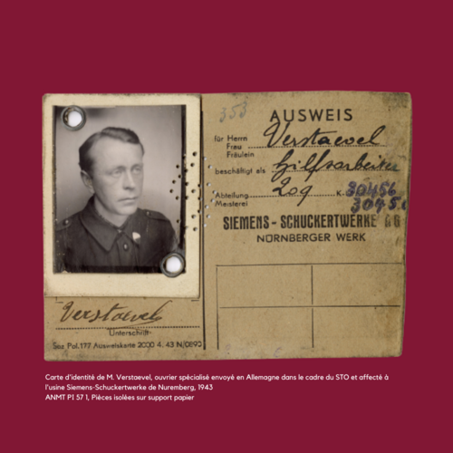 Carte d'identité avec photographie de M. Verstaevel, ouvrier spécialisé envoyé en Allemagne dans le cadre du STO, 1943.