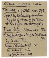 Liste des collaborations de Paul Bony avec Henri Matisse : note manuscrite, sans date.