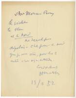 Réalisation du vitrail "La nuit de Noël" : note manuscrite d'Henri Matisse à Paul Bony, 1952.