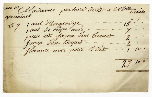 Facture de Mademoiselle Doin, le 7 germinal an X [28 mars 1802].