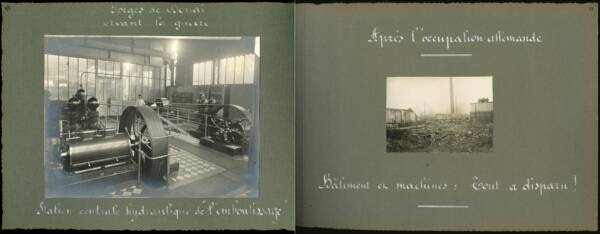 Double page de l’album photographique intitulé « Comment les Allemands comprennent et pratiquent la concurrence étrangère par la destruction et le pillage des usines françaises en dehors de tout fait de guerre » [années 1910-1920].
