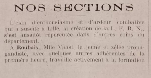 Annonce de la fondation d&rsquo;une section de la LFRN &agrave; Roubaix. Ville de Paris, Biblioth&egrave;que historique 2-Per-1247, Le Nord f&eacute;ministe, octobre 1931
