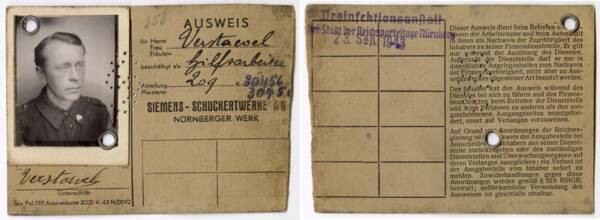 Carte d'identité de M. Verstaevel, ouvrier spécialisé envoyé en Allemagne dans le cadre du STO et affecté à l'usine Siemens-Schuckertwerke de Nuremberg, 1943