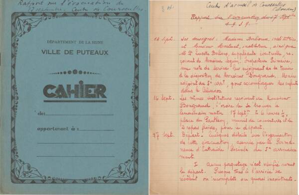 Récit-témoignage d’une évacuation rédigé dans un cahier d’écolier : couverture et première page, 1939-1940.