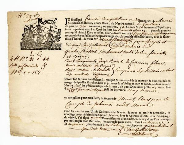 Contrat maritime "connaissement" signé par le capitaine François Vangellickom Vandelle.