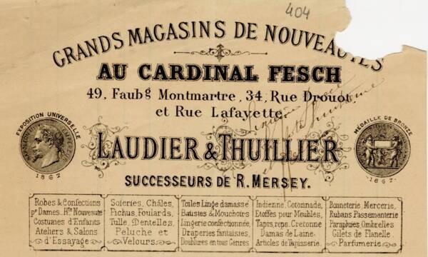 Grands magasins de nouveautés « Au cardinal Fesch » : entête de facture, 1889.