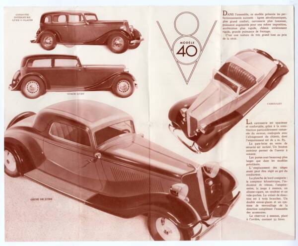 Automobiles Ford mod&egrave;le 40 dans une brochure fran&ccedil;aise, 1933.