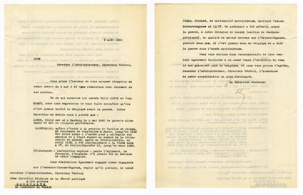 Lettre du directeur général de la Compagnie internationale des wagons-lits à la Sûreté publique et des prisons à Bruxelles, 9 août 1920.