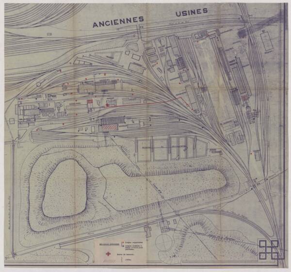 Vue d’ensemble des installations de défense passive dans le secteur des « Anciennes usines », Noeux-les-Mines (Pas-de-Calais), 1939.