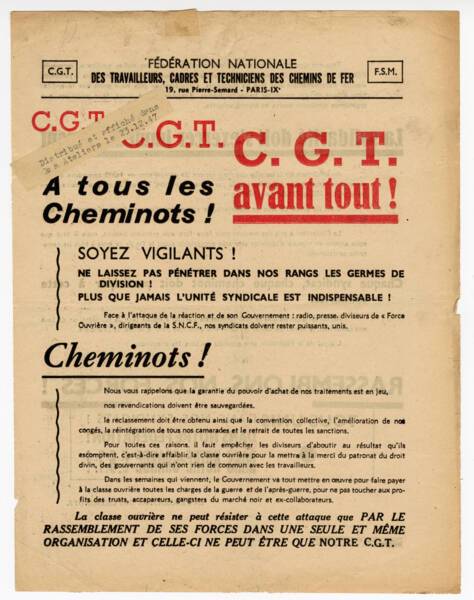 Grève insurrectionnelle de 1947-1948. "A tous les cheminots": Tract de la C.G.T , 1947.