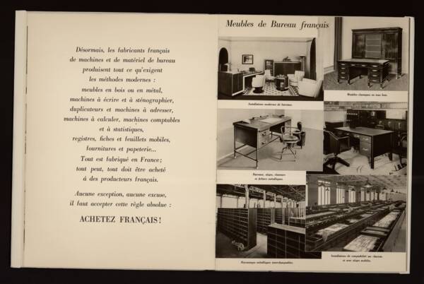 "Achetez Fran&ccedil;ais au coq tricolore" : plaquette &agrave; l&rsquo;occasion de l&rsquo;Exposition Universelle de Paris, 1937. ANMT 2002 6 55, Ron&eacute;o (fabricant de duplicateurs, de mat&eacute;riels et mobilier bureau).