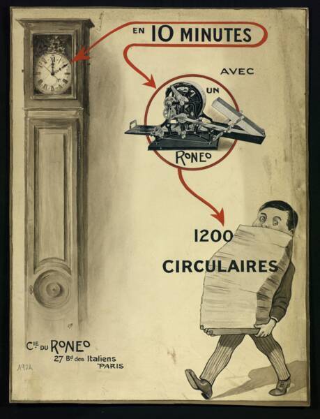 Maquette de publicit&eacute;, 1924. ANMT 2002 6 58, Ron&eacute;o (fabricant de duplicateurs, de mat&eacute;riels et mobilier bureau).